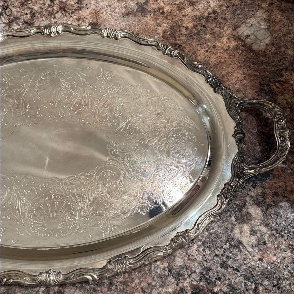 1883 F.B. ROGERS SILVER CO. OVAL SERVING TRAY WITH HANDLES, #6003, CARTOUCHE - Picture 4 of 7